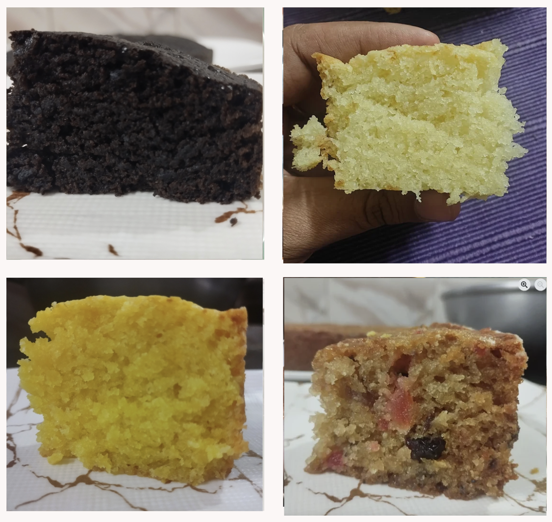 Chocolate cake slice, sponge crumb, yellow sponge slice, fruit plum cake slice
