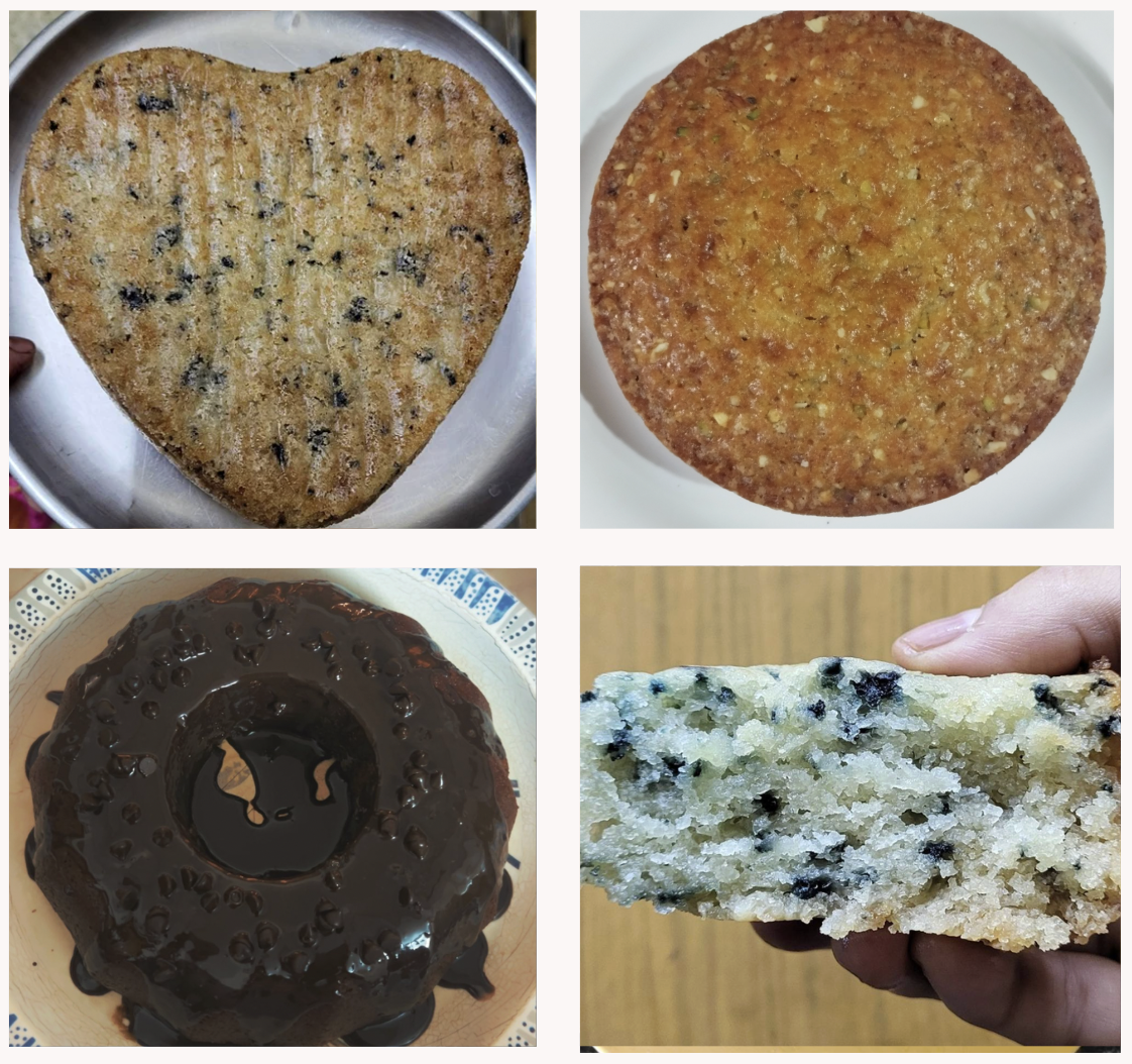 Heart-shaped sponge, nut cake, chocolate-glazed bundt, blueberry slice