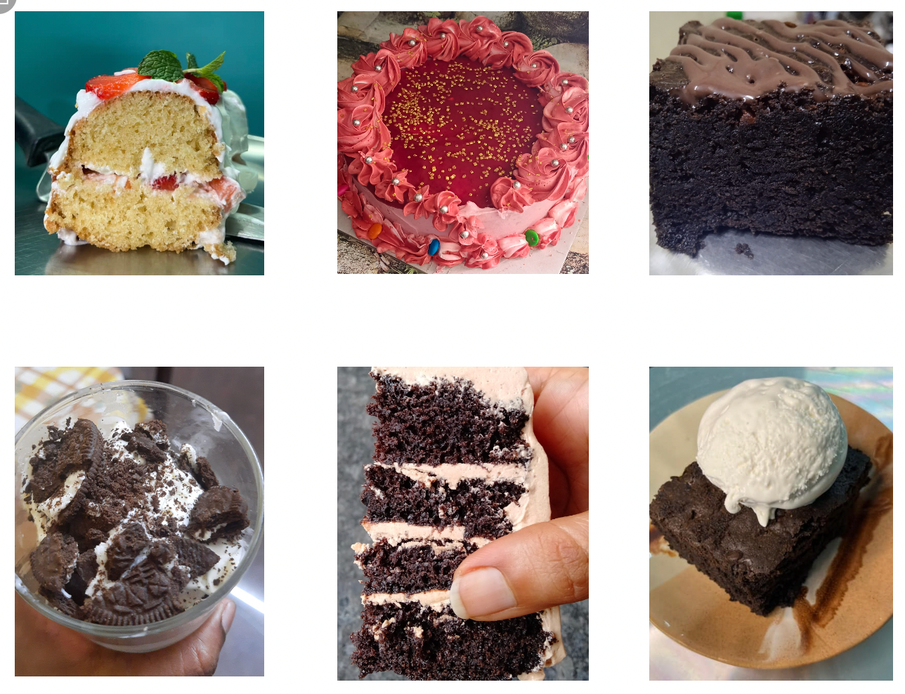 Strawberry slice, pink jelly cake, brownie, Oreo cup, chocolate layer slice, brownie with ice cream