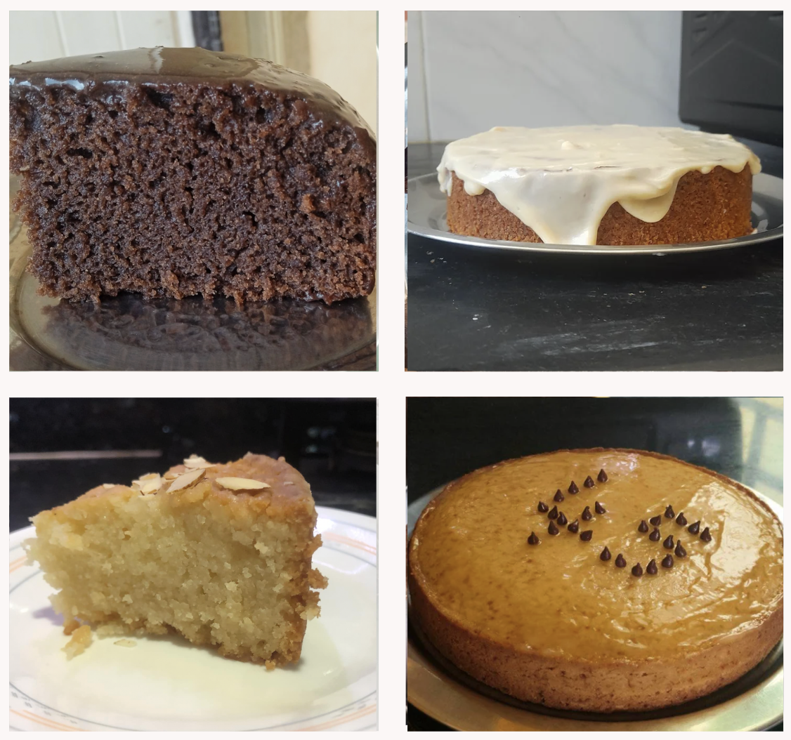 Chocolate cake slice, white drip cake, almond sponge slice, butterscotch chip cake