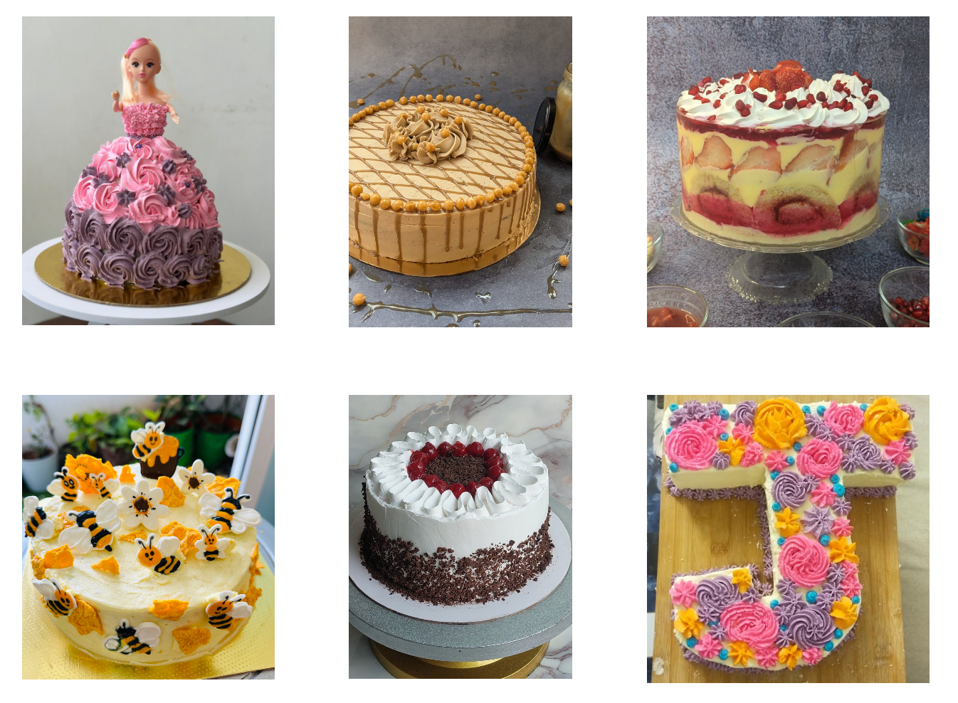Barbie doll cake, toffee cake, strawberry trifle, bee cake, Black Forest, letter J cake
