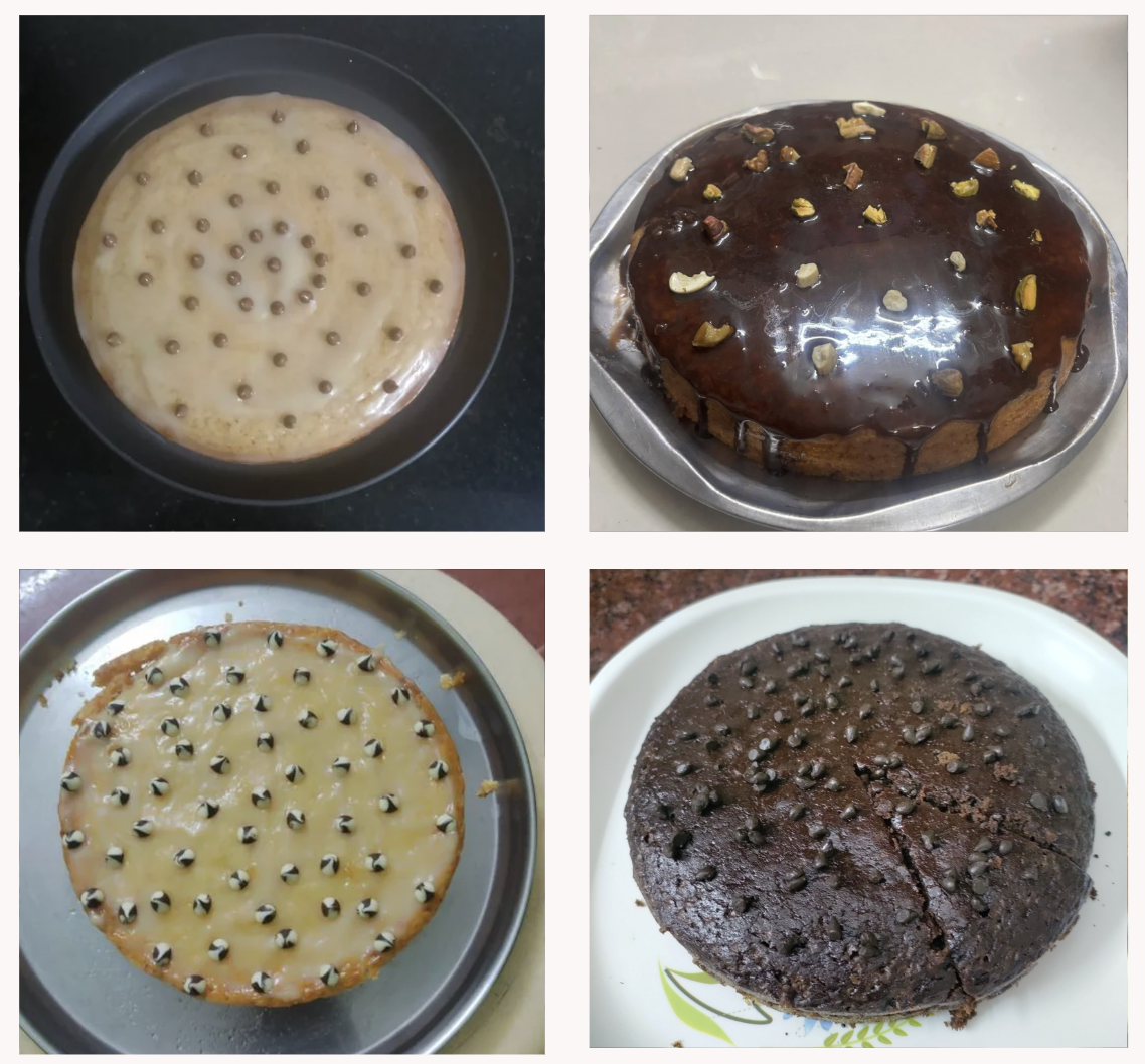 Chocolate chip ring cake, nut-topped chocolate drip, two-tone chip cake, mini-chip chocolate cake