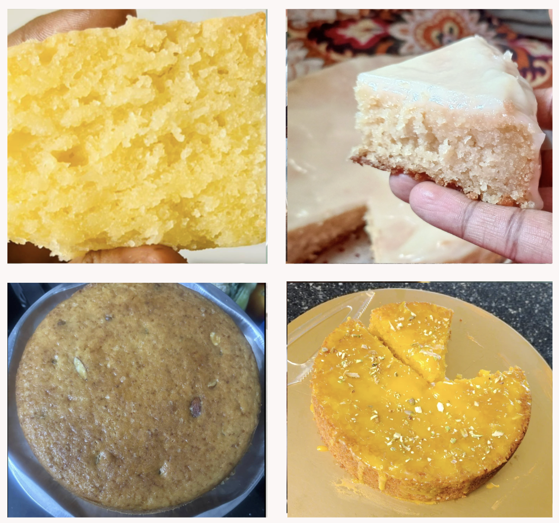 Moist yellow crumb, frosted sponge slice, nut tea cake, pistachio glazed cake